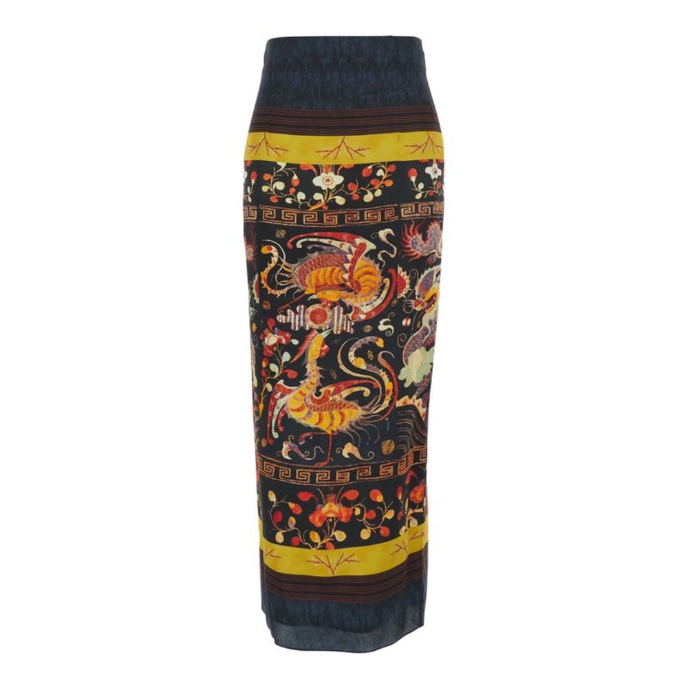 Hui Women Long Midi Skirt With Multicolored Dragon And Phoenix Print For Women